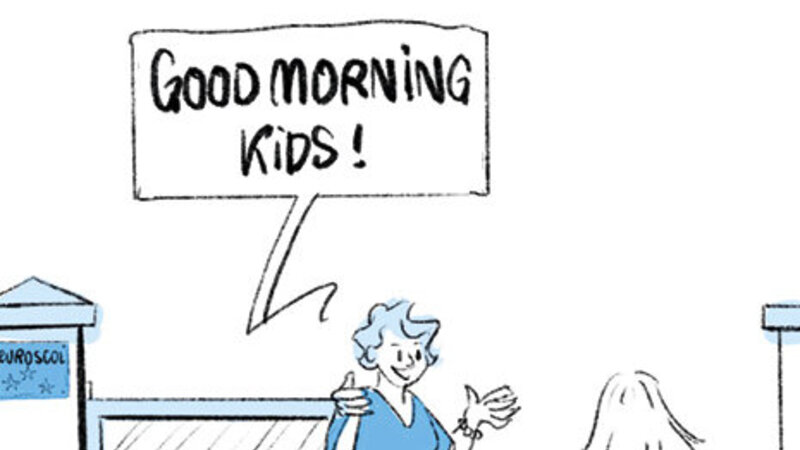 Dessin avec des enfants qui arrivent à l’école, accueillis par une femme qui dit : Good morning kids!