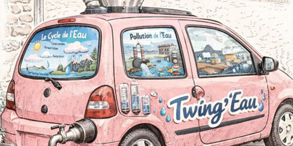 Dessin d’une Twingo rose avec un robinet à la place du pot d’échappement, des visuels (Le cycle de l’eau/Pollution de l’eau) sur les vitres. Le toit est connecté à une gouttière.