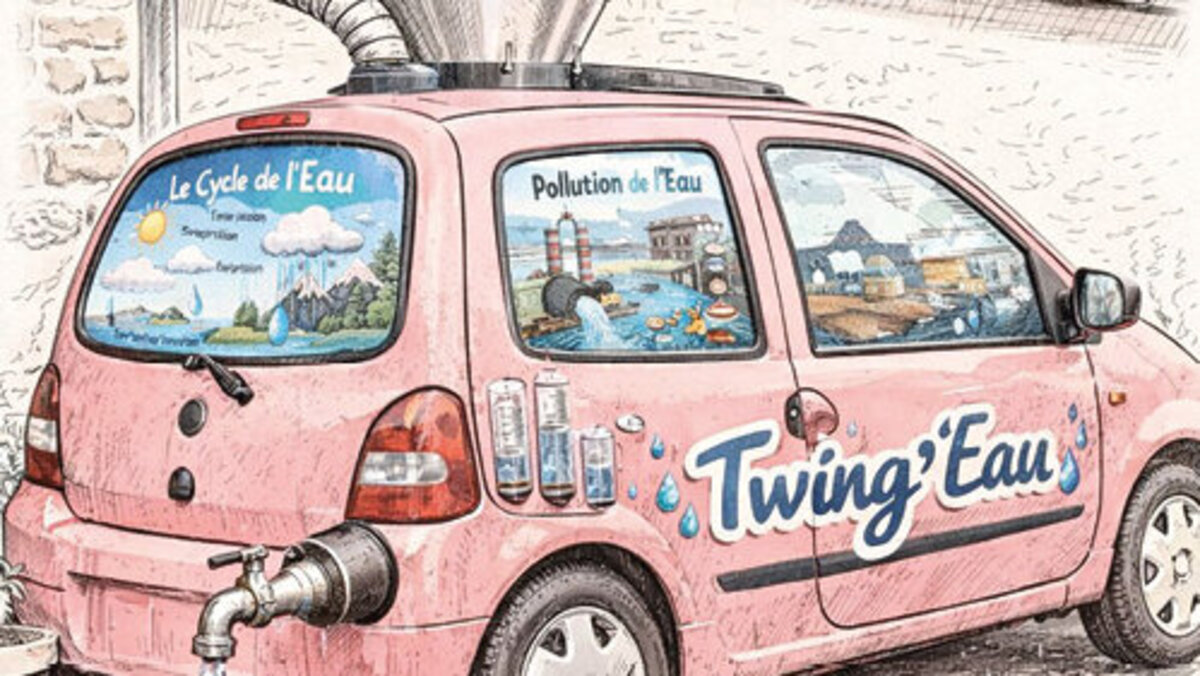 Dessin d’une Twingo rose avec un robinet à la place du pot d’échappement, des visuels (Le cycle de l’eau/Pollution de l’eau) sur les vitres. Le toit est connecté à une gouttière.