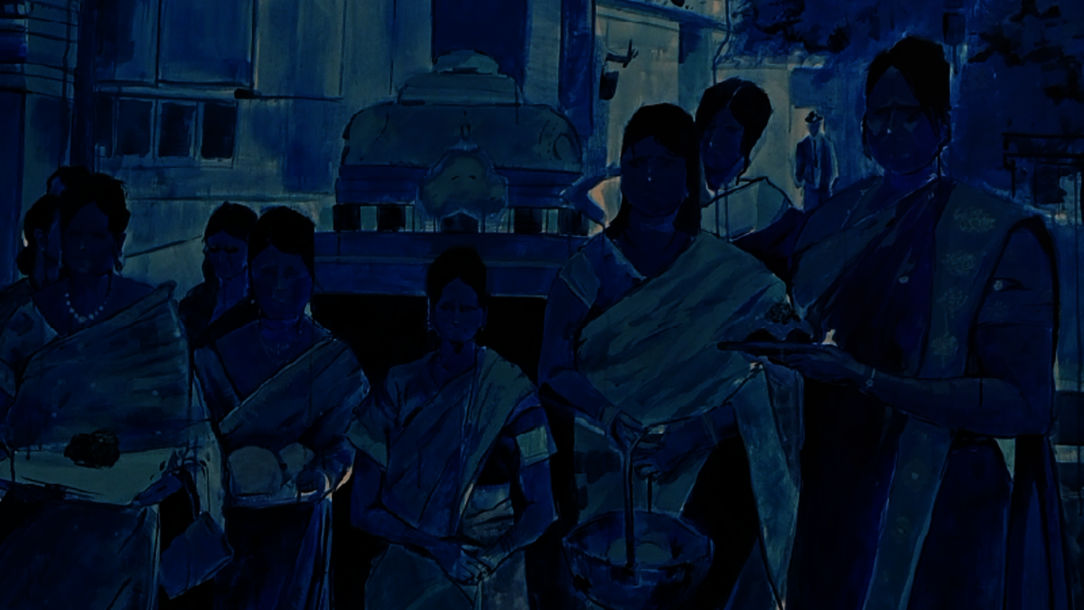 Peinture monochrome bleue représentant des femmes en sari.