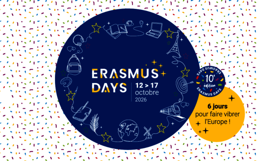 Plusieurs cercles colorés, avec diverses icônes, dans lesquels est écrit : Erasmus Days, 12 > 17 octobre 2026, 10e édition, 6 jours pour faire vibrer l’Europe