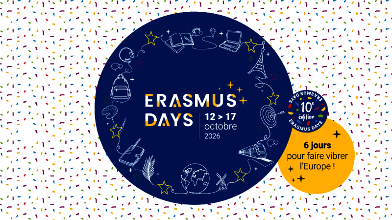 Plusieurs cercles colorés, avec diverses icônes, dans lesquels est écrit : Erasmus Days, 12 > 17 octobre 2026, 10e édition, 6 jours pour faire vibrer l’Europe
