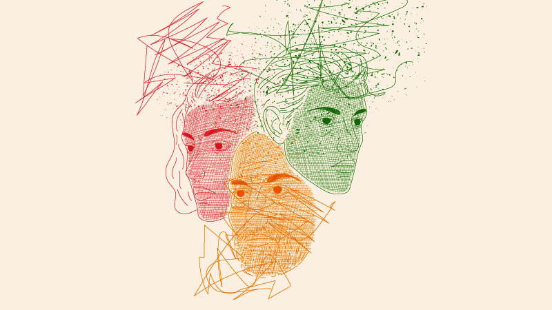 Trois visages dessinés de manière filaire, en rouge, vert et orange, superposés à des dessins erratiques.