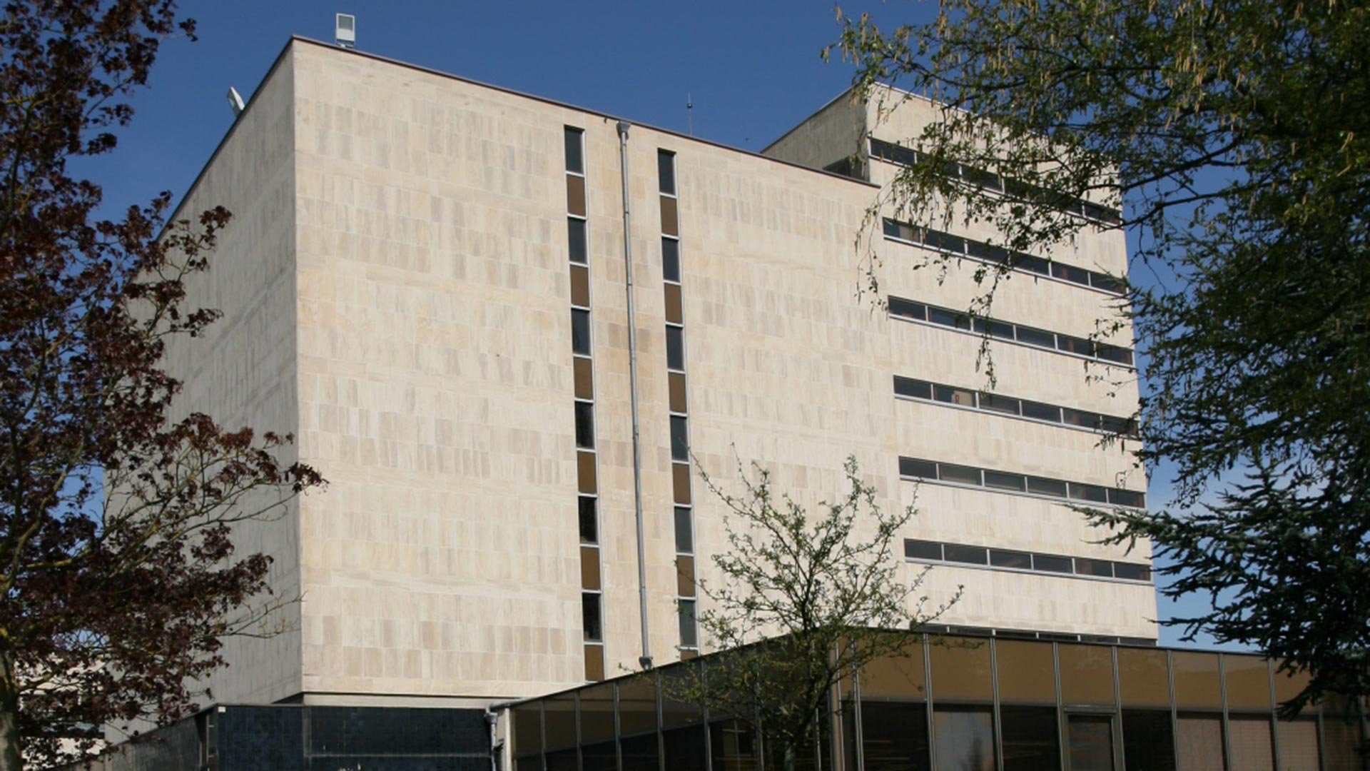 Photo du bâtiment, avec des arbres à l’avant-plan, le ciel est bleu